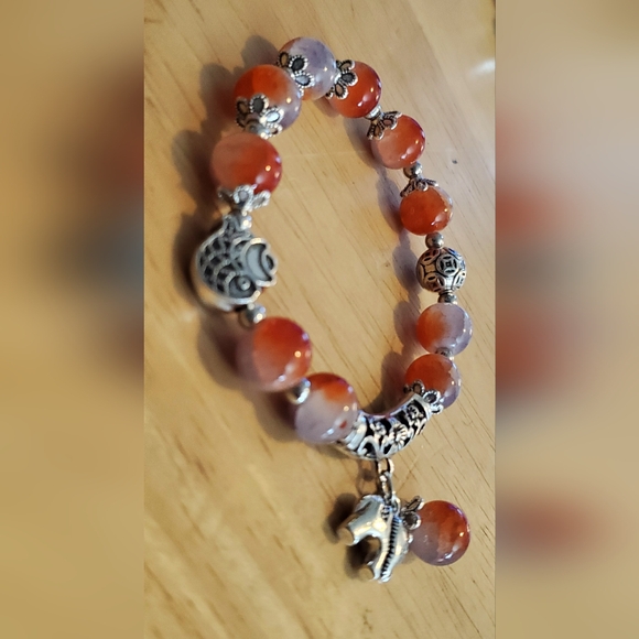 Genuine Stone Beaded Silvertone Elephant Charm Bracelet - Picture 5 of 6